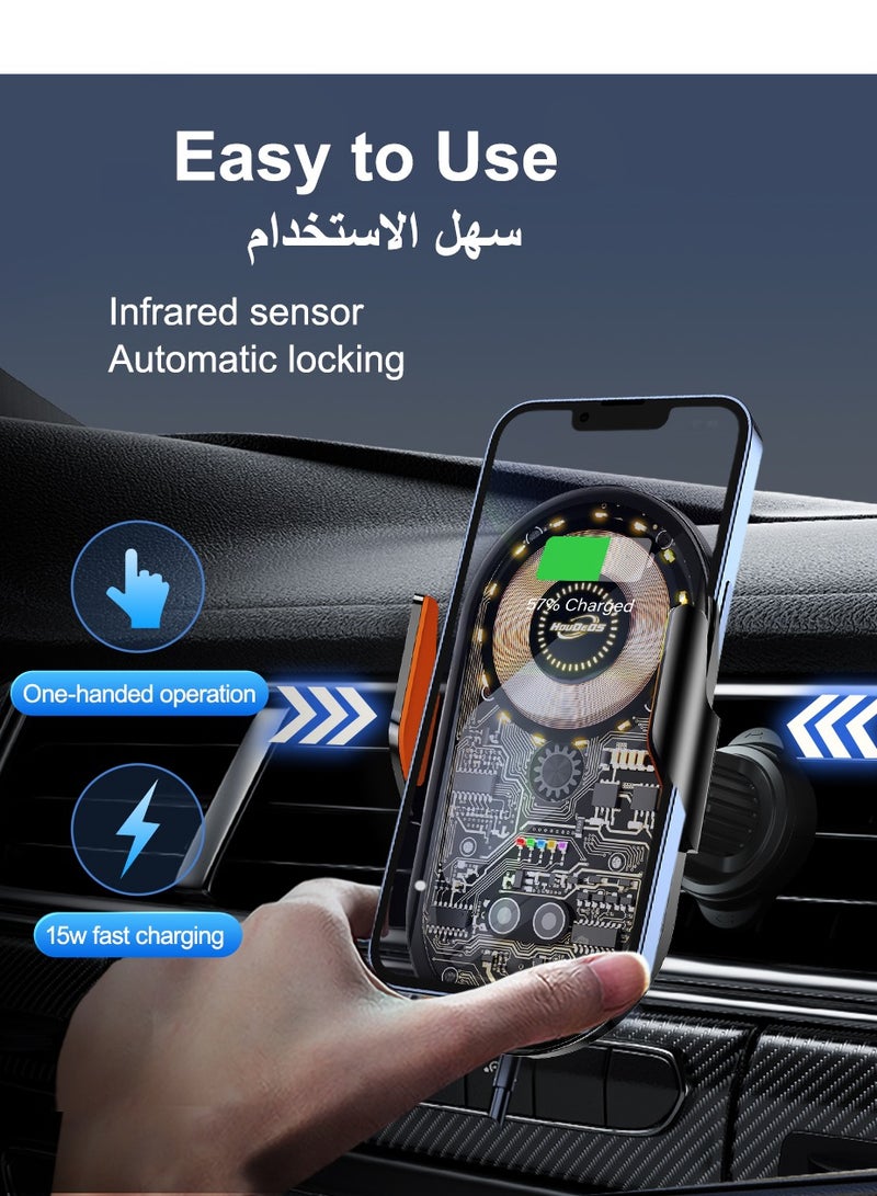 هوديوس حامل هاتف السيارة مع شاحن لاسلكي بقوة 15 واط مع تثبيت تلقائي وتثبيت في فتحة التهوية متوافق مع جميع الهواتف من 4.7 إلى 7.2 بوصة - Image 3